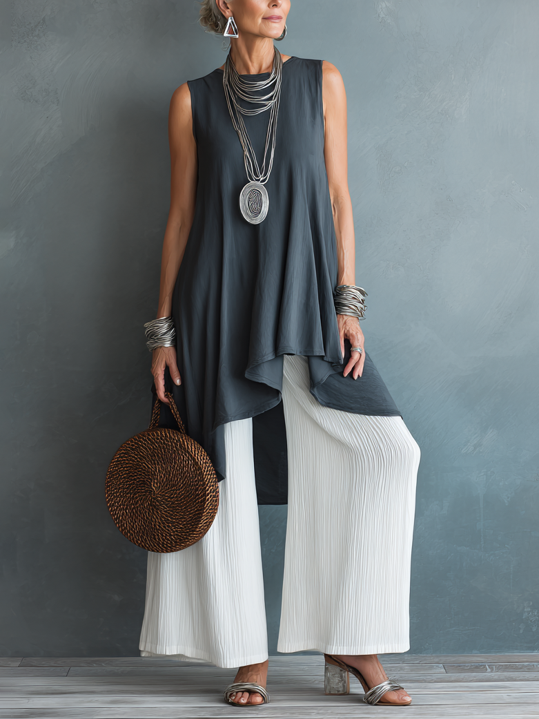 Loose Sleeveless Asymmetrical Top And Pleated Trousers Two Piece Set