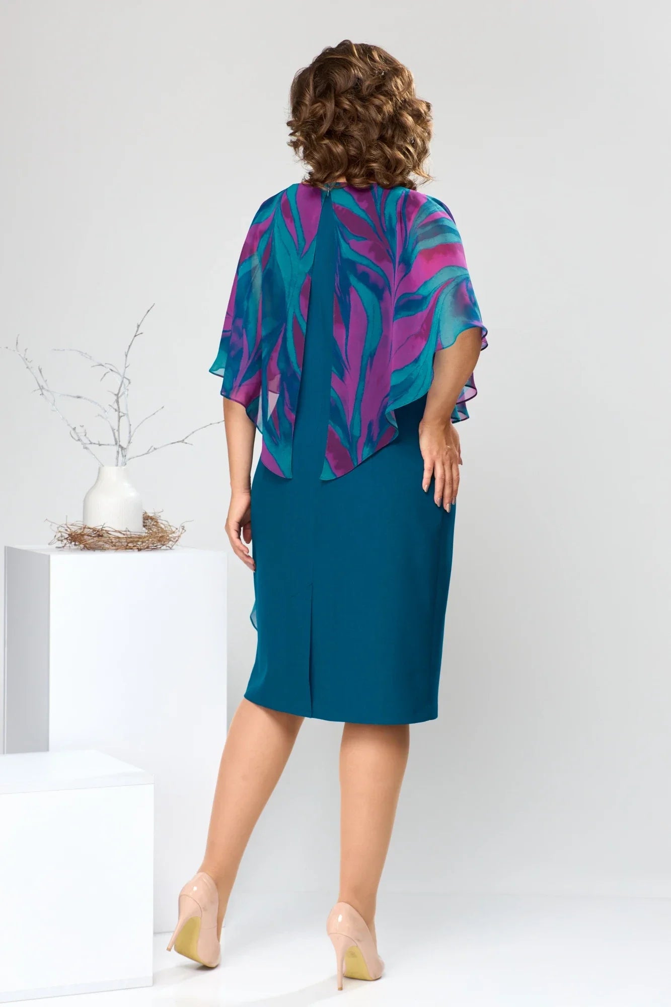 LEONORA | PRINTED CAPE OVERLAY BELTED MIDI DRESS