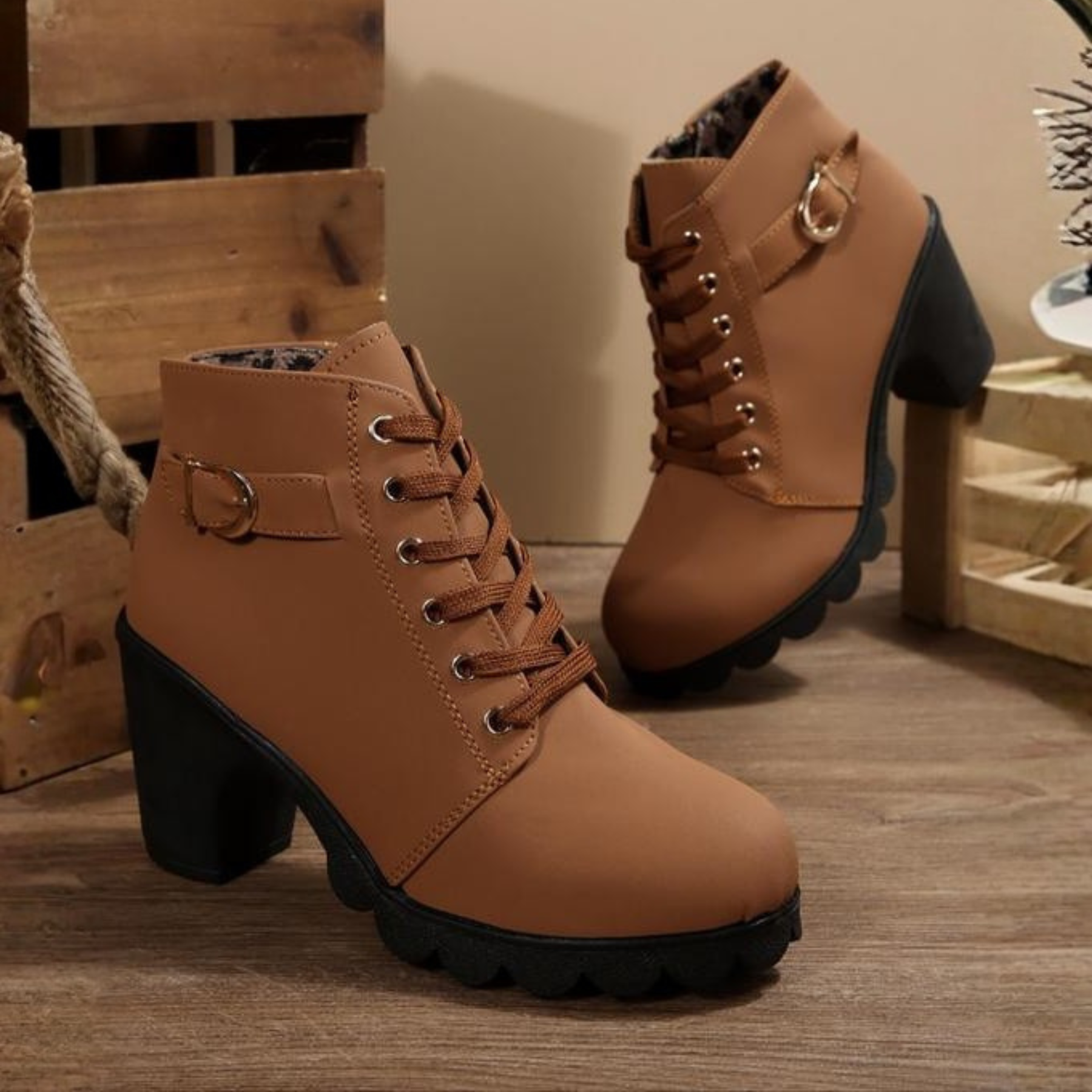 Katya – Chic Lace-Up Metal Buckle Ankle Boots