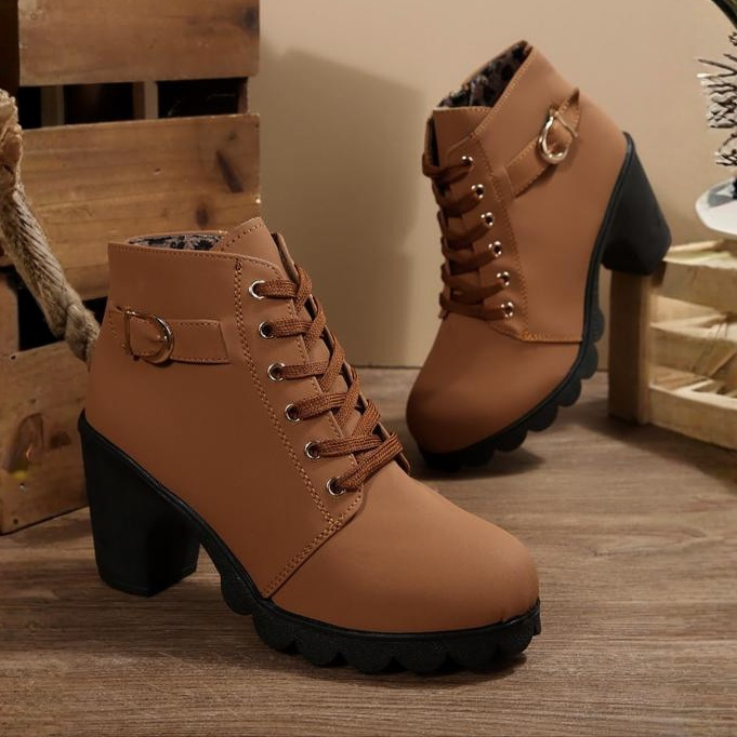 Katya – Chic Lace-Up Metal Buckle Ankle Boots