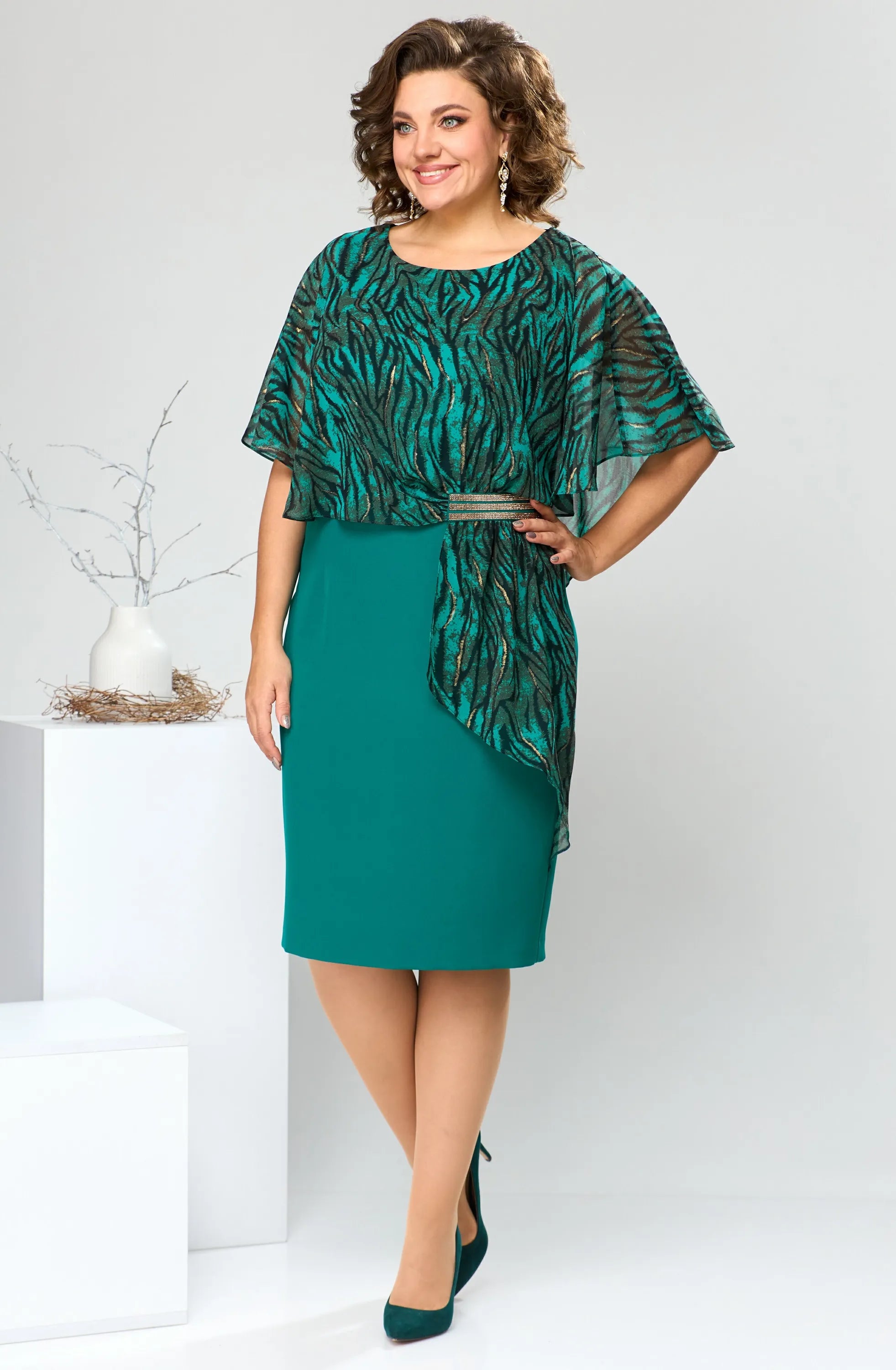 LEONORA | PRINTED CAPE OVERLAY BELTED MIDI DRESS