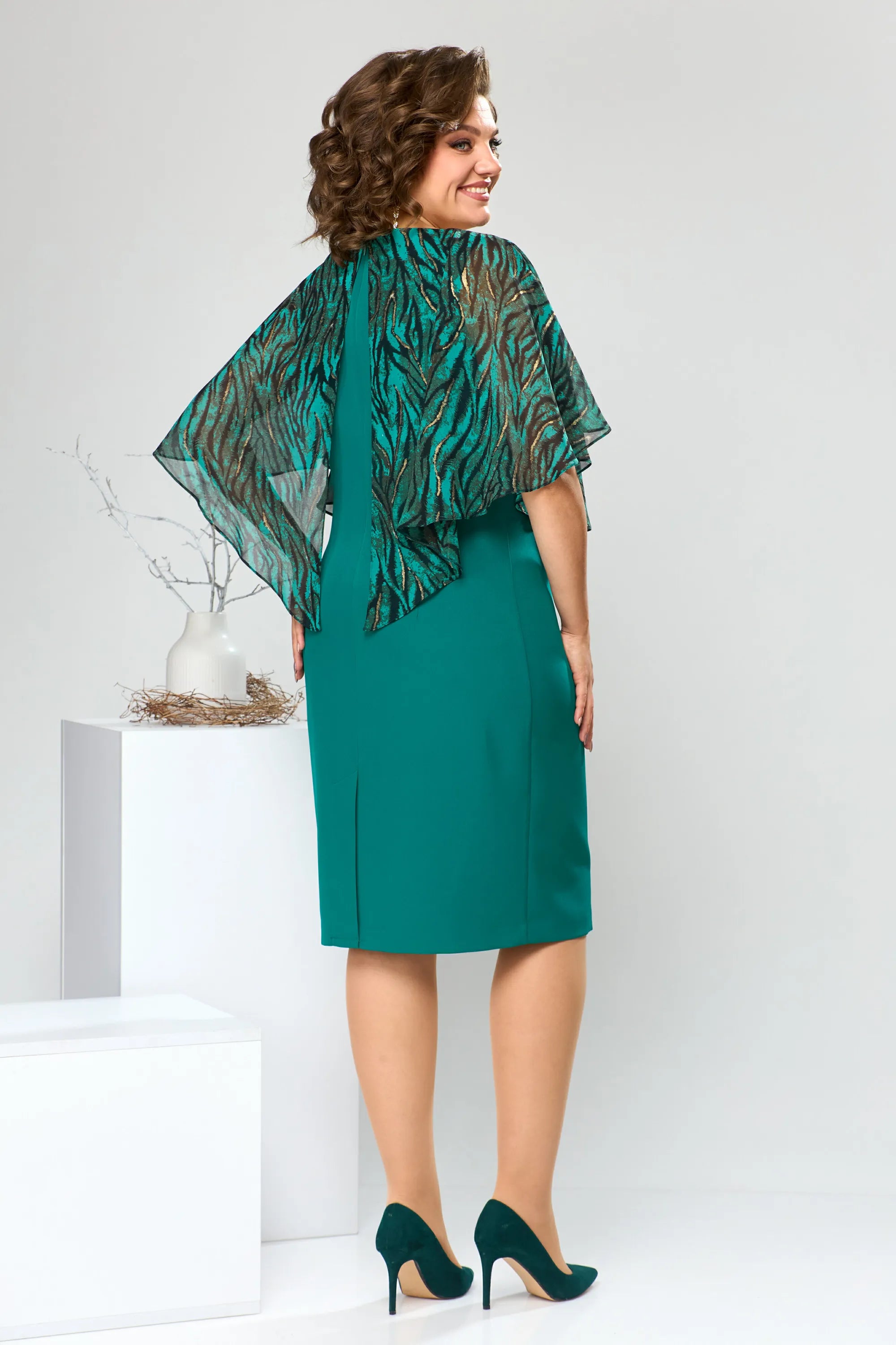 LEONORA | PRINTED CAPE OVERLAY BELTED MIDI DRESS