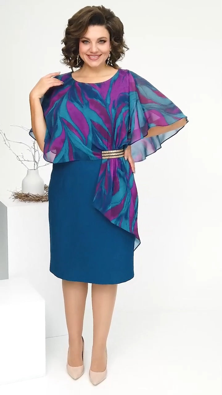 LEONORA | PRINTED CAPE OVERLAY BELTED MIDI DRESS