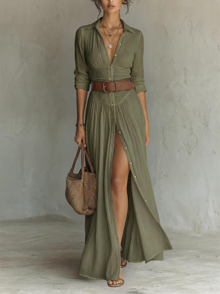 NORMA | LONG MAXI DRESS WITH NOTCHED COLLAR & LONG SLEEVES