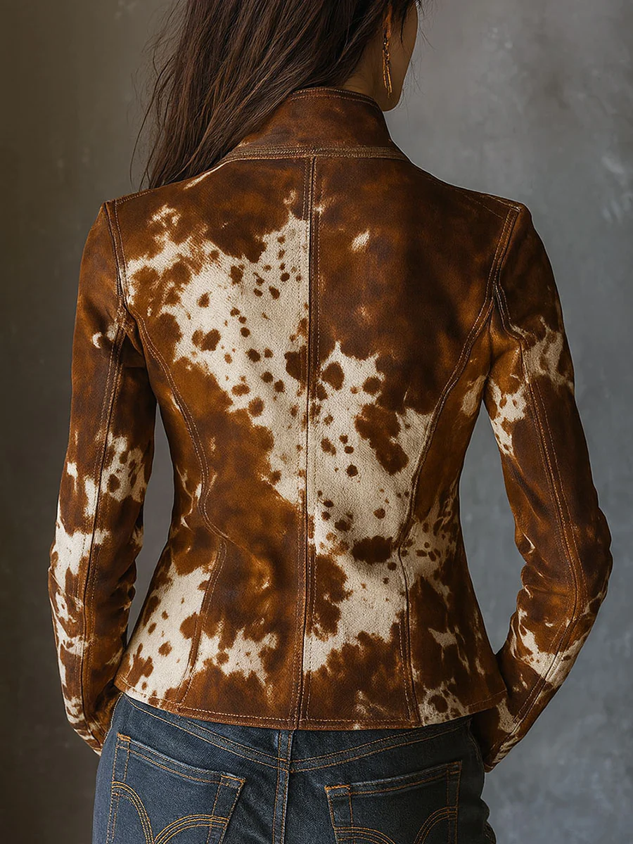 Vintage Stand-up Collar Cow Print Slim-fit Jacket
