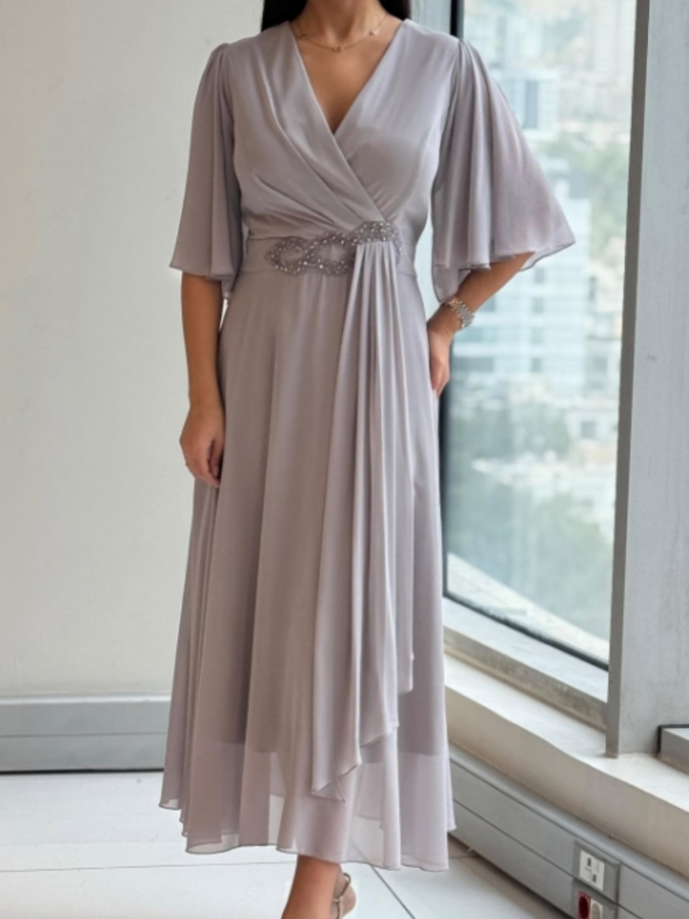 MARGUERITE | ELEGANT LONG V-NECK CHIFFON DRESS