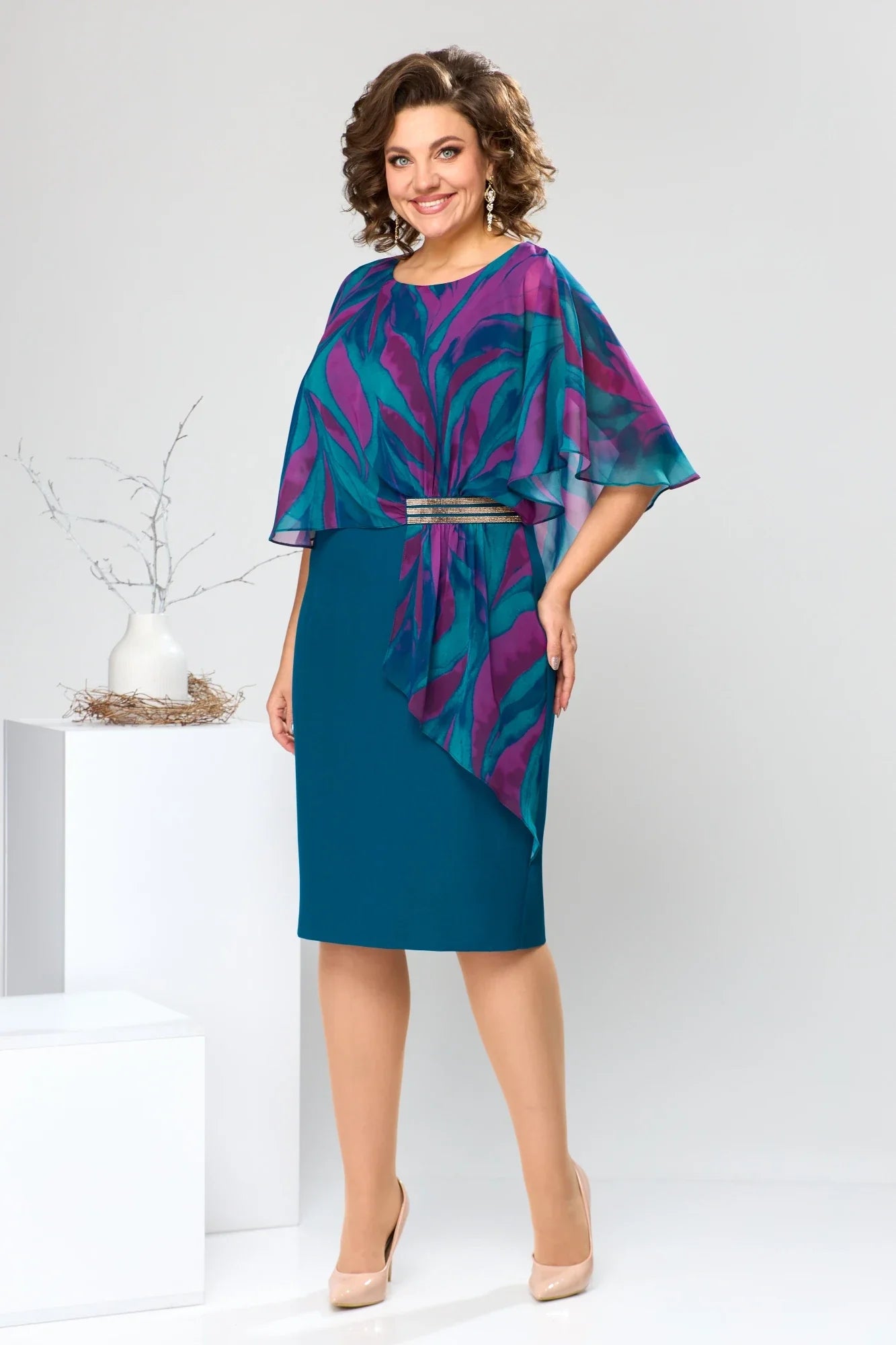 LEONORA | PRINTED CAPE OVERLAY BELTED MIDI DRESS