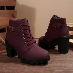 Katya – Chic Lace-Up Metal Buckle Ankle Boots